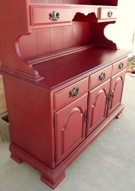 I want this. Funny thing is, this is the exact model that was my grandmothers then mine and I sold it before our last move. Damn, would of loved it in my kitchen re-done like this! Red Hutch, Home Depot Colors, Red Painted Furniture, Twice Lovely, Painted Hutch, Red Spray Paint, Hutch Makeover, Red Furniture, Butlers Pantry