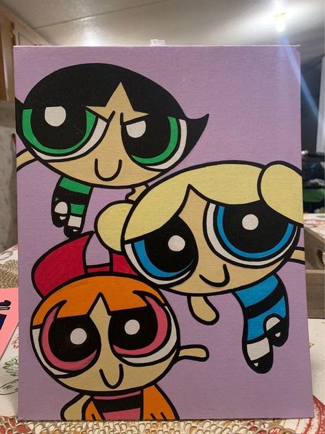 Paintings Of Cartoons, Cool Cartoon Paintings Easy, Powerpuff Girls Painting, Cartoon Painting Ideas On Canvas, Girls Painting, Disney Canvas Art, Disney Canvas, Hippie Painting, Small Canvas Paintings