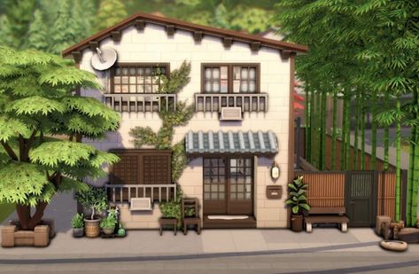 Sims 4 Japandi House, Sims4 Japanese House, Sims 4 Retirement Home, Dorm Building Exterior, Japanese Suburban House, Sims 4 Mt Komorebi House, Sims 4 Mt Komorebi Builds, Sims 4 Japanese Apartment, Sims 4 Neighborhood