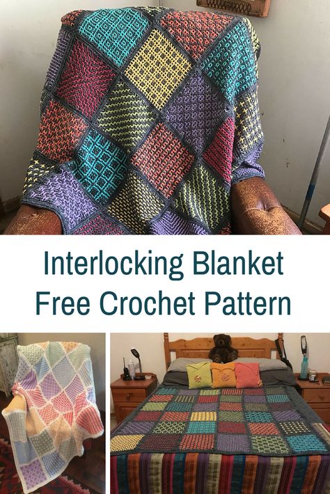 Simple Interlocking Crochet Blanket Pattern With Two Unique Sides - Knit And Crochet Daily Interlocking Crochet Stitches, Interlock Crochet Patterns, Crochet Interlocking Pattern, Interlocking Crochet Patterns Free, Interlocking Crochet, Afghan Crochet Patterns Easy, Crochet Mosaic, Tunisian Crochet Stitches, Mosaic Crochet