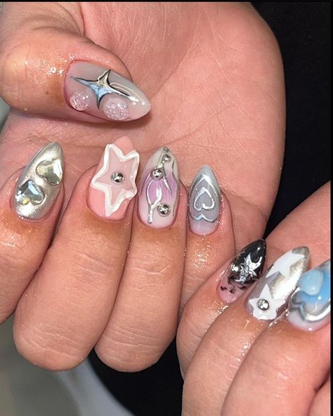 3d Star Nails, Shooting Star Nails, Sky Blue Nails, Nails Y2k, Chrome Nail Art, Star Nail Art, Punk Nails, Korean Nails, Short Square Nails