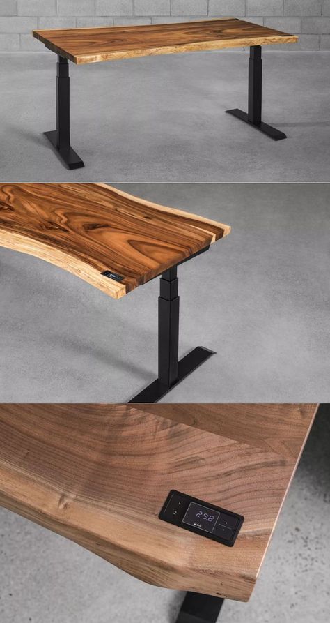 Height-adjustable desks are fashionable, functional &  ideal for a variety of settings. If you want something different, check out this super classy live edge adjustable desk by Ergonofis that brings unique character to any space.  #liveedgetable #liveeedgedesk #adjustabledesk #furniture Live Edge Standing Desk, Live Edge Sit Stand Desk, Home Office Height Adjustable Desk, Adjustable Desks, Height Adjustable Desk Office, Adjustable Desk Ideas, Adjustable Desk Home Office Design, Adjustable Table Height, Height Adjustable Table