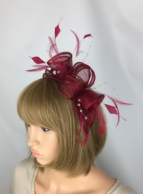 Burgundy Fascinator, Millinery Diy, Royal Blue Fascinator, Yellow Fascinator, Fascinator Hats Diy, Fascinator Hats Wedding, Burgundy Hat, Wedding Burgundy, Ascot Races