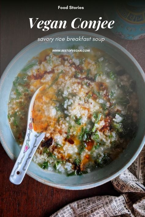 Get the full recipe for delicious Vegan Congee (a savory rice breakfast soup otherwise known as "jook") by Christine Wong of Conscious Cooking here. #bestofvegan #vegancongee Vegan Korean Breakfast, Vegan Korean Soup, Savory Porridge Recipes, Crockpot Congee, Congee Toppings, Buddhist Recipes, Congee Recipe Chinese, Winter Vegan Recipes, Vegan Congee