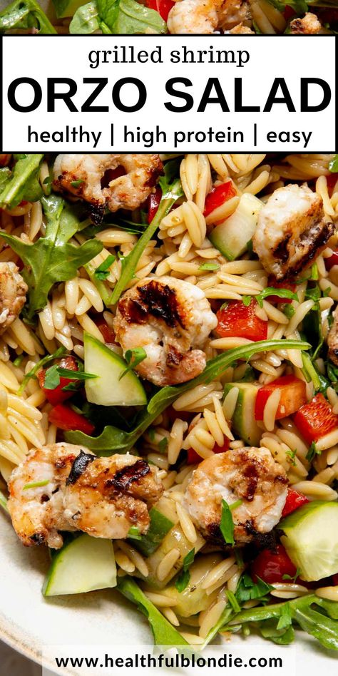 This shrimp orzo salad is perfect for summer—it's healthy, high in protein, and so easy to make. The orzo is tossed in a tangy Italian balsamic dressing and topped with fresh, crunchy veggies and juicy shrimp. You can grill or bake the shrimp! Cold Shrimp Salad Recipes Healthy, Salads With Shrimp Recipes, Salad Shrimp Recipes, Salads With Shrimp, Shrimp Salad Recipes Healthy, Shrimp Orzo Salad, Salad With Grilled Shrimp, Shrimp And Orzo, Orzo Pasta Salad Recipe