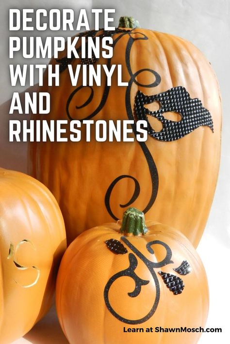 Decorate your pumpkins with vinyl and rhinestones Rhinestone Pumpkin, Decorate Pumpkins, Decorating Pumpkins, Pumpkin Diy, Bling Party, Halloween Craft Projects, Large Pumpkin, Plastic Pumpkins, Rhinestone Sticker