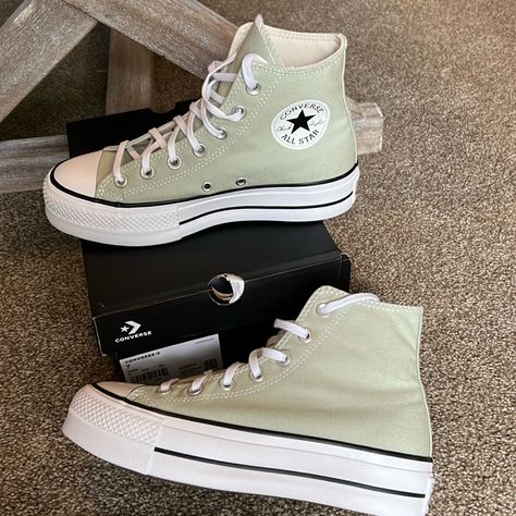 Brand New Never Worn. High Top, Platform. Sage Green. With Box . Green Quinceanera Shoes, Sage Green Platform Converse, Sage Green Vans, Sage Green Shoes, Green Platform Converse, Sage Green Converse, Green Converse High Tops, Quinceanera Shoes, Xv Ideas