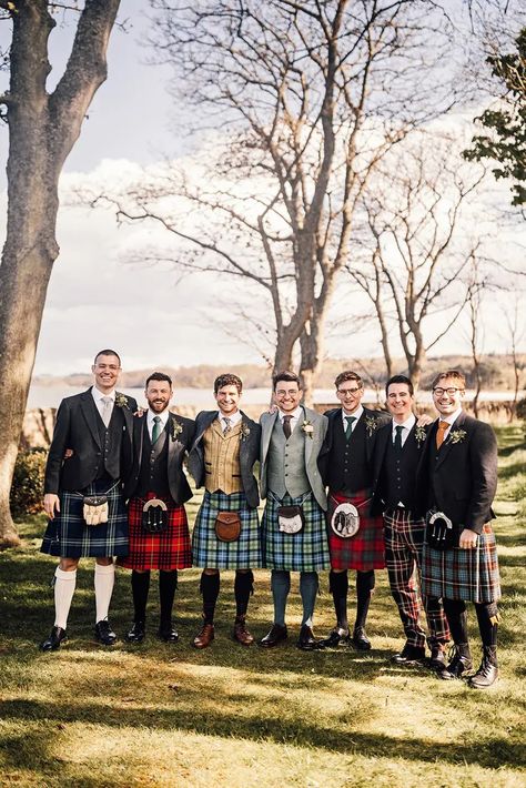 Scottish Wedding At Barnbougle Castle With Library Wedding Ceremony with the groom and groomsmen wearing traditional Scottish kilts with tweed suit jackets and waist coats Scottish Groomsmen, Kilts Wedding, Barnbougle Castle, Groomsmen Speech, Library Wedding Ceremony, Scottish Wedding Ideas, Ceilidh Dance, Kilt Wedding, Scottish Summer