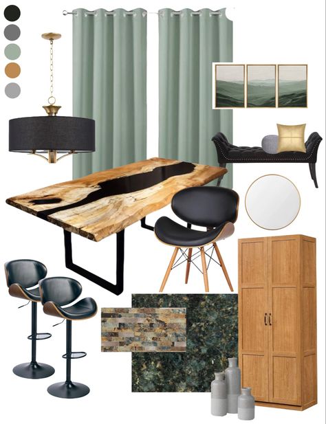 Sage Green Black And Gold Living Room, Green Black And Gold Aesthetic, Sage Green And Black Bedroom Ideas, Sage Green And Black Decor, Sage Green Home Office Ideas, Sage Green And Black Living Room, Black And Sage Green Bedroom, Sage Green And Black Bedroom, Sage Green Mood Board