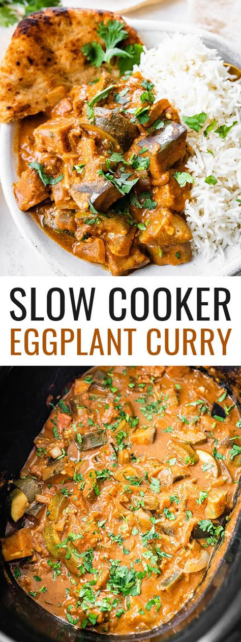 This eggplant curry combines fresh zucchini and eggplant in a creamy tomato sauce that's packed with Indian spices. It's flavorful, vegan, gluten-free and comes together quickly in the slow cooker. Eggplant Slow Cooker Recipes, Zucchini Slow Cooker Recipes, Eggplant Crockpot Recipes, Slow Cooker Vegan Recipes, Crockpot Eggplant, Vegan Potluck Recipes, Indian Eggplant Recipes, Slow Cooker Eggplant, Zucchini And Eggplant