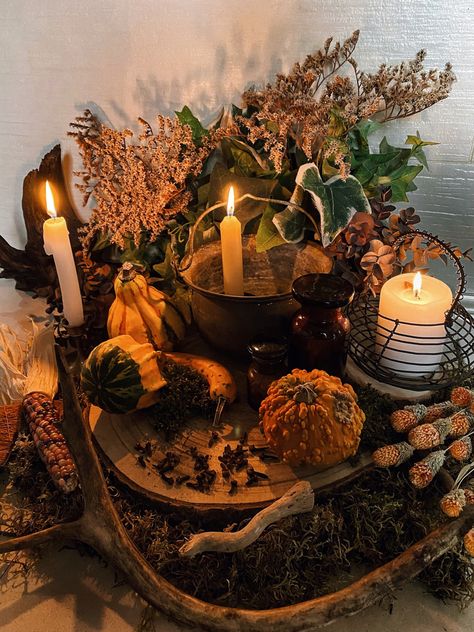 Halloween pumpkin witch altar Samhain Decorations, Samhain Altar, The Cask Of Amontillado, Witch Altar, Ideas For Autumn, Pagan Festivals, Autumn Witch, Autumnal Equinox, Witch Vibes