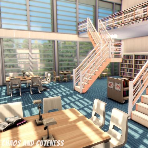 I love libraries with lots of natural light, so that's exactly what I included in my high school build. Click to check out the speed build! #sims #thesims #thesims4 #sims4 #thesims4highschoolyears #sims4highschool #sims4highschoolbuild #sims4highschoolpack #sims4library #highschool #sims4highschoollot #highschoolinterior #sims4highschoolyears #sims4highschoolbuilding #sims4speedbuild #sims4speedbuildvideo #thesims4speedbuild #sims4building #sims4build #thesims4build #sims4builds High School Build Sims 4, Sims 4 Newcrest Library, Sims 4 School Building Layout, Sims 4 Science Lab Build, Highschool Design Building, Sims 4 University Dorm Builds, Sims 4 Realistic High School, Sims 4 High School Floor Plan, Sims School Building