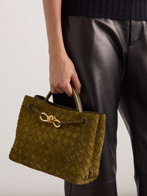 Bottega Andiamo, Andiamo Bag, Bottega Veneta Andiamo, Bag Obsession, Stylish Purse, Suede Tote, Bottega Veneta Bags, Boot Pumps, Green Suede