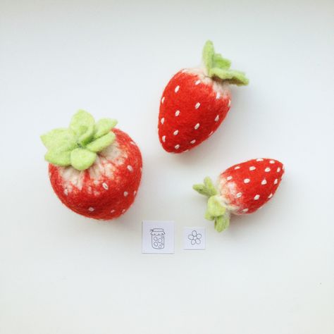 Set of tree red strawberrys, wet felted and embroidered - perfect bowl filler, pincushion, toy food or ornament by stanisla on Etsy https://www.etsy.com/listing/153796514/set-of-tree-red-strawberrys-wet-felted Felt Food Diy, Felt Fruit, New Farmhouse, Felted Crochet, Magic Crafts, Needle Felting Diy, Rainy Day Crafts, Felt Pictures, Needle Felting Tutorials