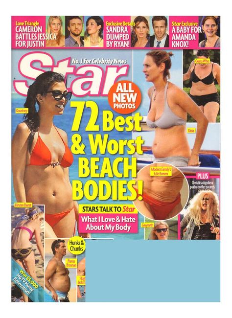 This magazine cover has different many different celebrities in swimsuits, with '72 best & worst beach bodies' in bold in the middle, which makes people more interested in this magazine because it  makes them want to see who has the best/wort beach bodies.Like the other magazines, it has other stories on the top of the cover to make it seem more interesting because of the amount of gossip it has inside the magazine. Gossip Magazine, 2000s Magazines, English Essay, Beach Bodies, Food Freedom, Vogue Magazine Covers, Celebrity Magazines, Old Magazines, Ap Art