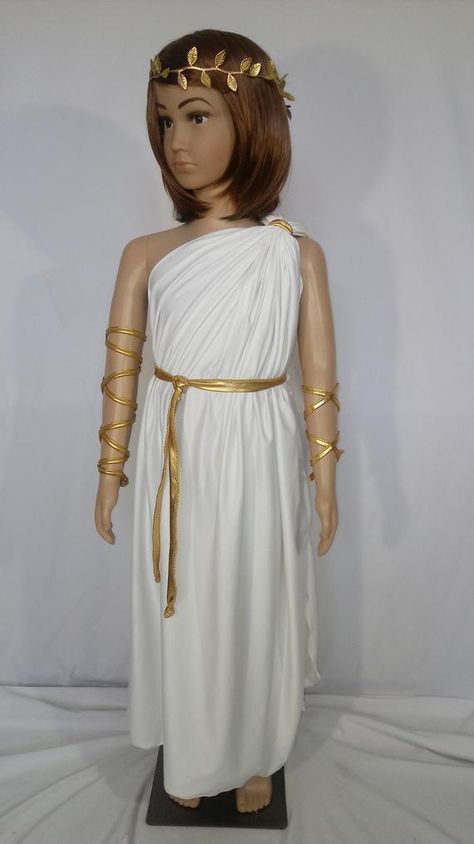 Greek Goddess Gown, Gold Halloween Costume, Artemis Costume, Diy Toga, Egyptian Fancy Dress, Olympics Costume, Artemis Greek Goddess, Toga Dress, Roman Clothes