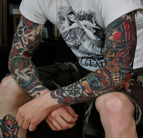 Old School Tattoo Sleeve, American Traditional Sleeve, Tattoo Sleeve Filler, Traditional Style Tattoo, Traditional Sleeve, Men Tattoos Arm Sleeve, Traditional Tattoo Sleeve, Old School Tattoo Designs, Ship Tattoo