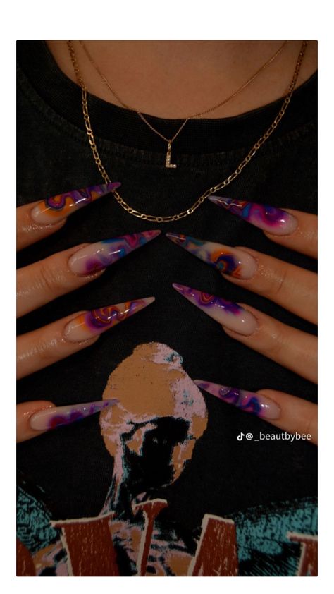 20 Nails Birthday, Curved Almond Nails, Break Up Nails, Junk Acrylic Nails, Colorful Stiletto Nails, Stilleto Nail Ideas, Kali Uchis Inspired Nails, Dramatic Nails Designs, Insta Baddie Nails Acrylic