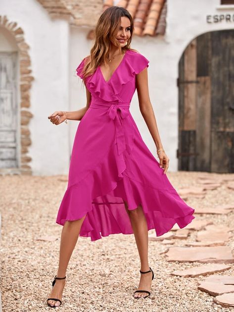 Solid Ruffle Trim Belted Wrap Dress | SHEIN USA Vestidos Color Fucsia, Belted Wrap Dress, New Chic, Mermaid Dresses, Waist Dress, Ruffle Trim, Ruffle Hem, Dress P, Nasa