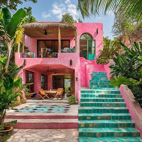 A gorgeous Frida Kahlo-inspired home in Tulum, Mexico, featuring vibrant pink accents and a seamless fusion of Mexican, Moroccan, Andalusian, and Mediterranean traditions.🇲🇽🌸🎨💃🏽 Concept and visuals by @beyti.inspires #architecture #palace #black #morocco #tulum #mexico #interiores #interiordesign #dark #luxury #luxuryvilla #villatour #homeidea #luxuryhome #oriental #design #designer #deco #decor #decoration #decorate #decorating #pink Dark Luxury, Mexican Architecture, Bali Villa, Apartment Architecture, Deco Decor, Mexican Decor, Spanish House, Tulum Mexico, Tropical Design