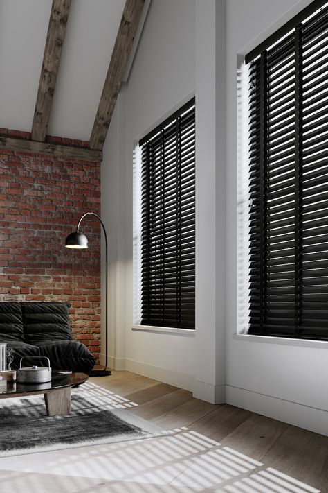 Black wooden blinds with tapes in a modern loft apartment Colored Blinds For Windows, Black Wooden Blinds Living Room, Black Horizontal Blinds, Living Room With Blinds Only, Black Bamboo Blinds, Black Blinds Bedroom, Blinds For Black Windows, Modern Blinds For Windows Living Room, Black Wooden Blinds