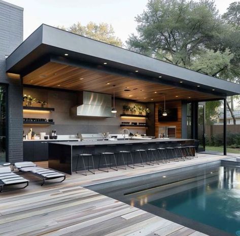 Modern Outdoor Kitchen, Outdoor Kitchen Plans, Outdoor Bbq Kitchen, Outdoor Patio Designs, Exterior Bloxburg, Homes Modern, Exterior Modern, Backyard Pavilion, Outdoor Living Design