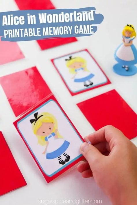 Free Printable Alice in Wonderland Memory Game - perfect for a family movie night or fun quiet time activity for kids. Helps build memory and logic skills Alice In Wonderland Activities Preschool, Alice In Wonderland Eyfs Activities, Alice In Wonderland Birthday Activities, Alice In Wonderland Party Games Kids, Alice In Wonderland Games Activities, Alice In Wonderland Activities For Kids, Alice In Wonderland Crafts For Kids, Alice In Wonderland Movie Night, Alice In Wonderland Activities