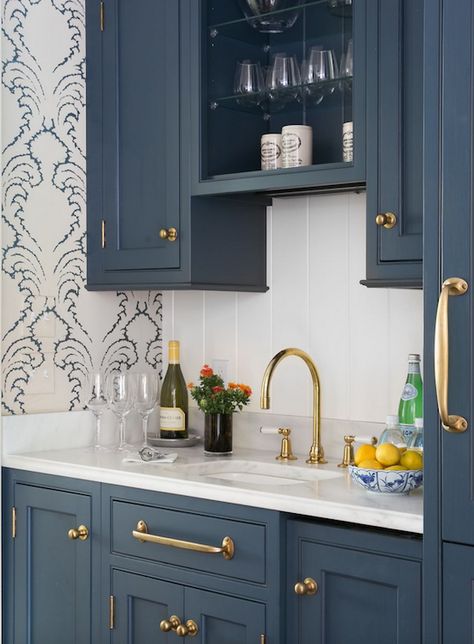 Butlers Pantry.  Should we use wallpaper on the wall opposite the cabinets? Beautiful Kitchen Cabinets, Painted Kitchen Cabinets Colors, Best Kitchen Cabinets, Blue Kitchen Cabinets, Butlers Pantry, Blue Cabinets, Butler's Pantry, Kitchen Wallpaper, Blue Kitchens