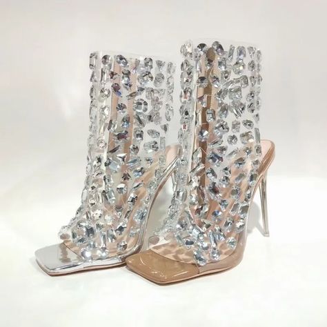 2024 Hot Sale Fashion Rivet Beaded Water Diamond Transparent High Heel Square Head Zipper Large Open Bold Dresses, High Heel Sneakers, Square Head, Silver Dress, Long Sleeve Bodycon, Cool Boots, Neck Ruffle, Gold Dress, Matching Dresses