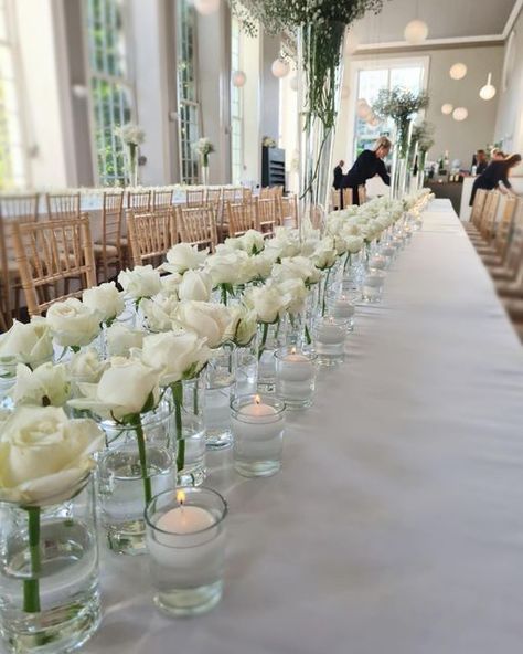 Yasmin - Devon Wedding Planner & Florist on Instagram: "Last snap of the Sullivan’s tablescaping decor to complete my grid of 3 and keep my OCD happy 🕊 ⠀⠀⠀⠀⠀⠀⠀⠀⠀ When the brief is “ALL WHITE EVERYTHING” 🤍 ⠀⠀⠀⠀⠀⠀⠀⠀⠀ Rows of roses and floating candles, giving minimalist but striking decor 🕯 ⠀⠀⠀⠀⠀⠀⠀⠀⠀ Planning, floral design & styling @the.v.v.group Venue @theorangerycafe ⠀⠀⠀⠀⠀⠀⠀⠀⠀ Huge thank you to @adornmentsbyrosheen for helping me make this vision come to life. Who knew that filling 450 glas White Minimalist Wedding, Devon Wedding, Minimalist Wedding Decor, White Roses Wedding, All White Wedding, Roses White, Contemporary Wedding, Floating Candles, Rose Wedding