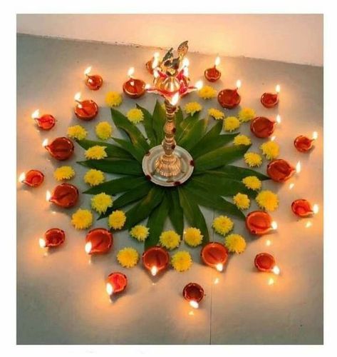 Shivji Decoration At Home, Deepam Decoration With Flowers, Diwali Rangoli With Flowers And Diyas, Diwali Decoration With Flowers, Divali Decoration Home, Onam Decoration Ideas For College, Karthigai Deepam Decoration, Ugadi Decorations At Home, Diwali Decorations At Home Lights