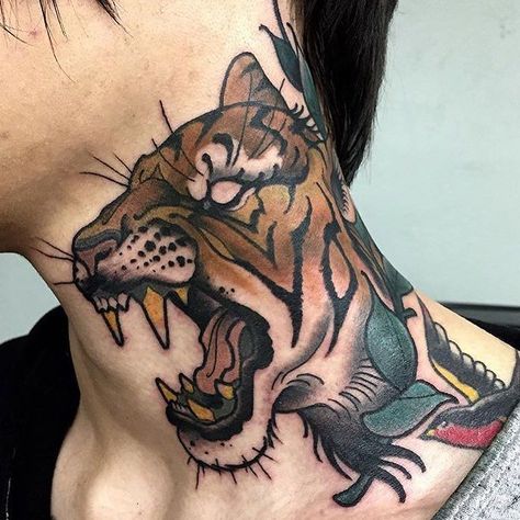 Follow @inkjunkeyzmag Artist @primm_ #inkjunkeyz by inkjunkeyz Neotraditional Neck Tattoo, Tiger Neck Tattoo, Tattoo Tiger, Side Neck Tattoo, Monster Tattoo, Neck Tattoo For Guys, Fire Tattoo, Tattoo For Son, Japanese Sleeve Tattoos