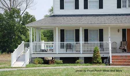 Looks just like our front porch, but hopefully we won't ever need a ramp! Porch Ramp, Porch With Ramp, Ramp Ideas, Wheelchair Ramp Design, Beautiful Decks, Brick Porch, Porch Kits, Ramp Design, Accessible Design