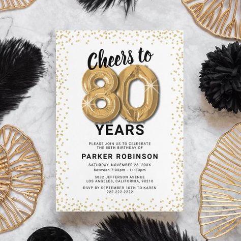 $1.90 | White Gold 80th Birthday Party #eighty, 80th birthday invitations, adult birthday invitations, happy birthday, glitter, birthday, balloons, elegant, cheers to 80 years, white and gold Simple White Background, Fortieth Birthday, 90th Birthday Invitations, 60th Birthday Party Invitations, 30th Birthday Party Invitations, 40th Birthday Party Invites, 80th Birthday Invitations, Text Template, 60th Birthday Invitations