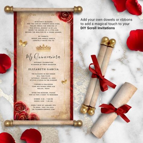 Invitación Elegante foto color rojo dorado Quinceanera | Zazzle.com Burgundy Quince, Princess Sweet 16, Elegant Photo, Burgundy And Gold, Color Rojo, Tri Fold, Quince, Quinceanera, Sweet 16