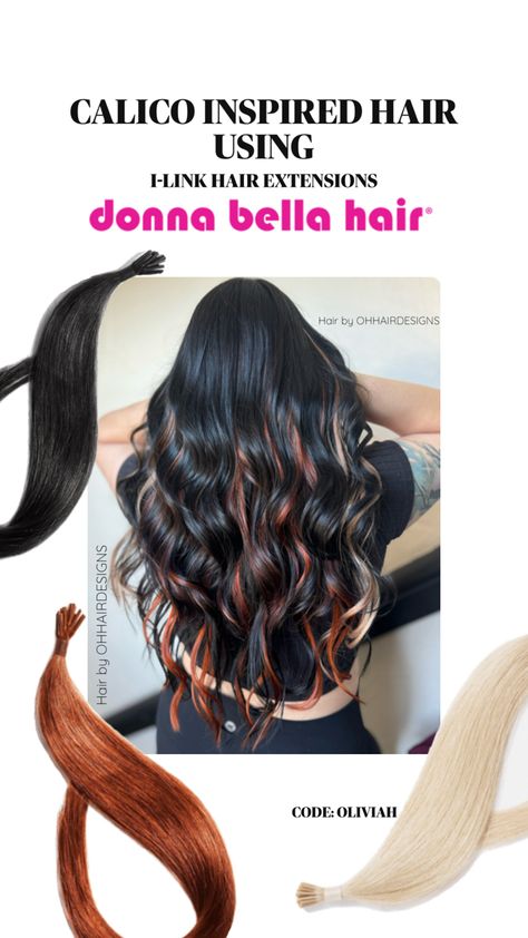 Hair extensions and calico inspired hair color Calico Hair Color, Donna Bella Hair Extensions, Hair With Extensions, Calico Hair, Bella Hair, Hair Trend, Hair Color Trends, New Trends, Hair Trends