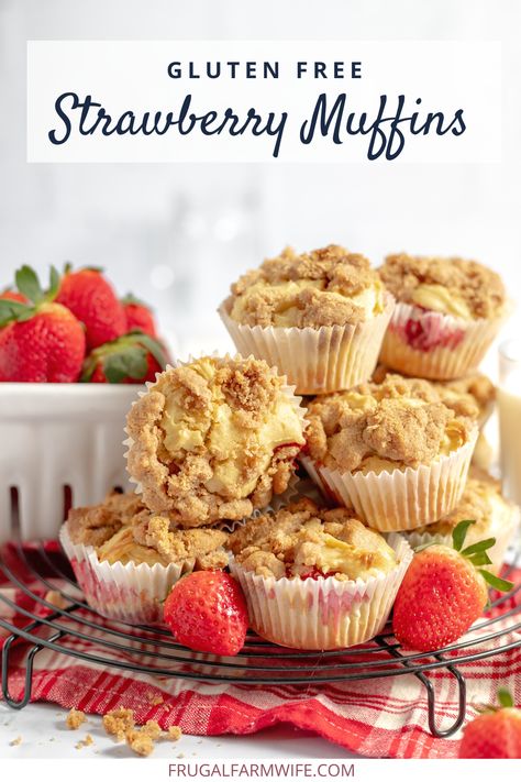 Soft and delicious gluten free strawberry muffins Strawberry Recipes Gluten Free, Paleo Strawberry Muffins, Strawberry Muffins Easy, Gluten Free Strawberry Muffins, Strawberry Cream Cheese Muffins, Vegan Strawberry Muffins, Strawberry Muffins Healthy, Allergy Free Baking, Blueberry Crumble Muffins