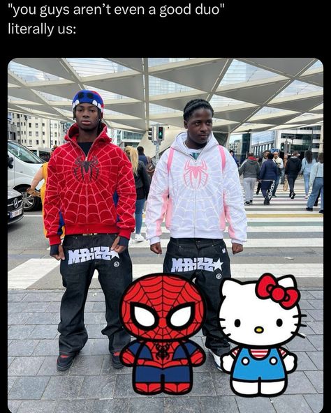 Hello Kitty X Spiderman #sanrio #hellokitty #spiderman Hello Kitty X Spiderman, Spiderman And Hello Kitty, Hello Kitty Costume, Kitty Clothes, Hello Kitty Clothes, Best Duos, Street Wear Urban, Spiderman, Hello Kitty