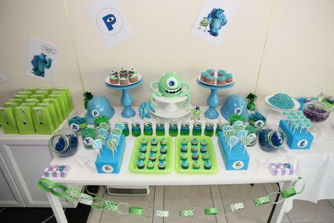 Monsters Inc Party: Monsters Inc Dessert Table / Lolly Buffet. Master 3 loved it. Monsters Inc Birthday Party, Monster University Birthday, Monsters Inc Baby Shower, Little Monster Party, Monster Inc Birthday, Treat Table, Monster Inc, Monster Birthday Parties, 1st Birthday Themes