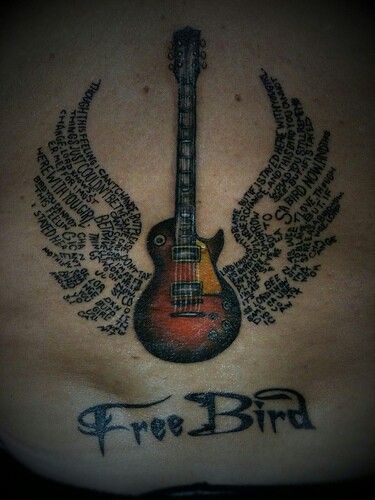 Free Bird tattoo. Favorite song by Lynyrd Skynyrd. Love how the lyrics make up the wings of the guitar. Lynyrd Skynyrd Tattoo, Free Bird Tattoo, Wings Ideas, Songbird Tattoo, Tattoo Music, Tattoo Bird, Lyric Tattoos, Guitar Tattoo, Trendy Tattoo