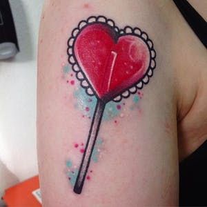 Melanie Tattoo, Lollipop Tattoo, Couple Tattoos Matching, Botanical Tattoo Design, Candy Tattoo, Tattoos Matching, Seashell Tattoos, Heart Lollipop, Couples Tattoos