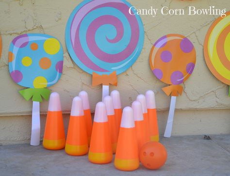 Candy Corn Bowling Party Game Fall Festival Decorations, Candy Decorations Diy, Candy Land Birthday Party, Rice Crisps, Kid Friendly Halloween, Bread Food, Bowling Party, Candyland Birthday, Harvest Party