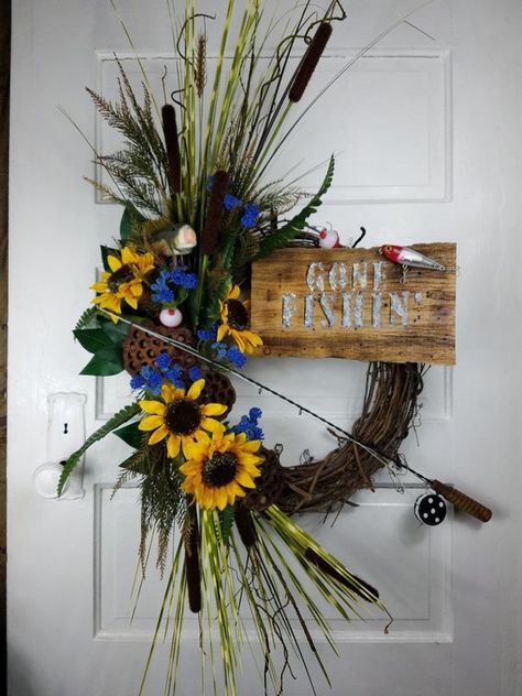 Fishing Decor, Fish Wreath for Front Door, Gone Fishing, Summer Wreath, Fishing Wreath, Lake Wreath, Rustic Wreath, Fathers Day Gift Cemetary Ideas, Cemetery Wreaths, Fish Wreath, Spring Wreath Ideas, Fish Memorial, Fishing Wreath, Hunting Crafts, Western Wreaths, Make Your Own Wreath