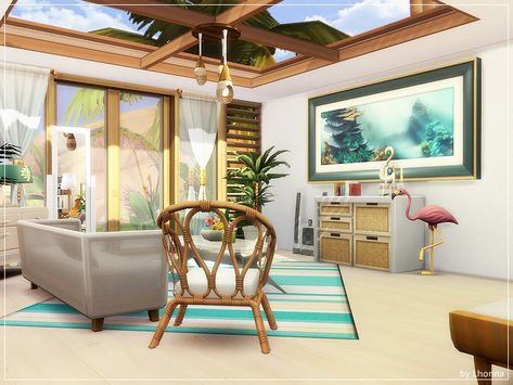 Sims 4 Island Living House, Living Room Sims 4, Adventure Room, Tropical Furniture, Beach House Furniture, Beach Living Room, Sims Houses, Tropical Interior, Beach House Living Room