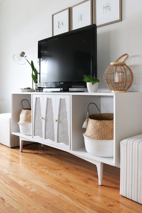 Desert Twilight Benjamin Moore, Cane Media Console, Console Makeover, Earthy Coastal, Desert Twilight, Family Room Reveal, Greige Walls, Stone Countertops Kitchen, Herringbone Wall