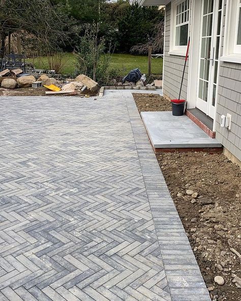 Chevron Pavers Patio, Herringbone Patio, Boho Exterior, Backyard Redesign, Pavers Patio, Hardscape Backyard, Cambridge Pavers, Driveway Ideas, Walkway Landscaping