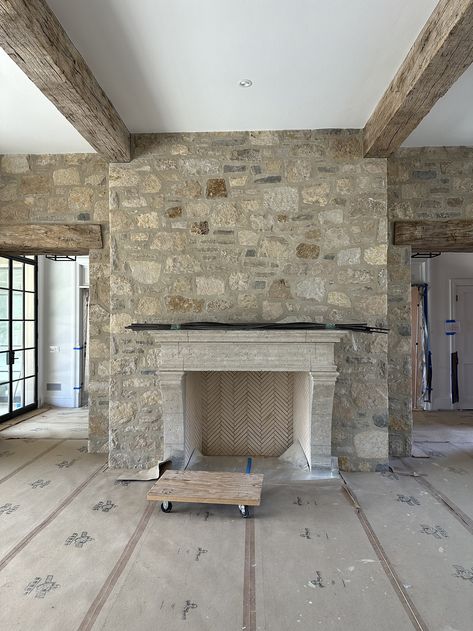 French Country Home in Ardrossan Farms | Period Architecture Ltd French Cottage Homes Exterior, Country Home Remodel, French Country Outdoor Fireplace, Build Stone House, Patina Farm Bedroom, Stone Interior Fireplace, Patina Style French Country, Limestone Hearth Fireplace, Irish Cottage Aesthetic