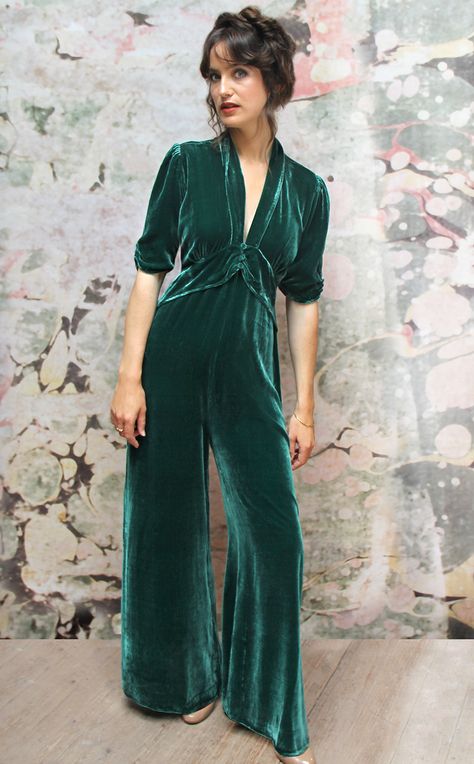 Nancy Mac Jumpsuit, Nancy Mac, Green Velvet Jumpsuit, 1940s Wedding Dress, Tie Belts, Red Velvet Jacket, Christmas Styling, Bridesmaid Outfits, Romantic Autumn