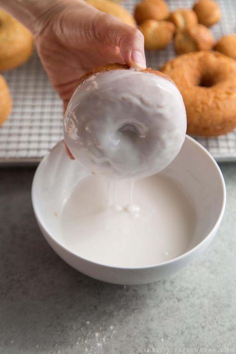 Coconut Cake Doughnuts (with coconut milk glaze)- The Little Epicurean Coconut Milk Glaze For Cake, Coconut Glaze For Cake, Coconut Glaze, Glazed Donuts, Buttermilk Doughnut Recipe, Donut Icing, Gluten Free Doughnuts, Coconut Milk Uses, Donut Dessert