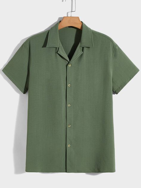 Army Green Casual  Short Sleeve Polyester Plain Shirt Embellished Non-Stretch Summer Men Tops Mens Green Button Up, Men's Casual Outfits Summer, Plain Button Up Shirt, Olive Green Button Up Shirt Outfit Men, Summer T Shirts For Men, Casual Short Sleeve Shirts Men, Summer Shirts Men Casual, Green Button Down Shirt Outfit Men, Army Green Outfit Men